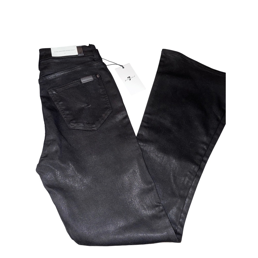 7 For All Mankind Ultra High Rise Skinny Boot Coated Black Denim Jeans 27 NWT